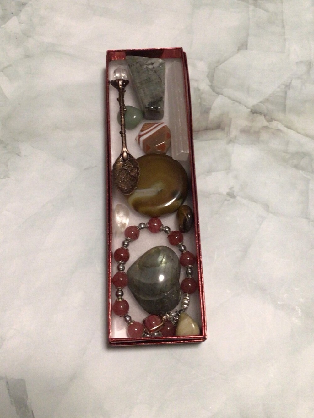 Stone Bracelet, Crystal, and Decorative Spoon Set